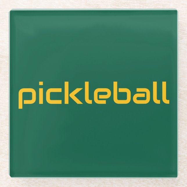 Gelber PICKLEBALL-Text für Jäger grün Glasuntersetzer (Vorderseite)