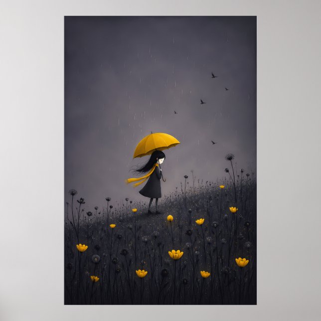Gelber Regenschirm Dunkle Whimsical Blumenposter Poster (Vorne)