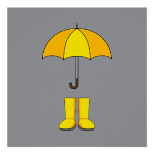 Gelber Regenschirm und Stiefel für Regentage und S Poster