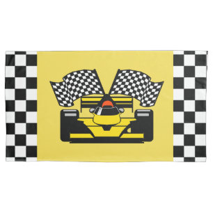Gelber Rennwagen: Schachbrett-Flagge Kissenbezug
