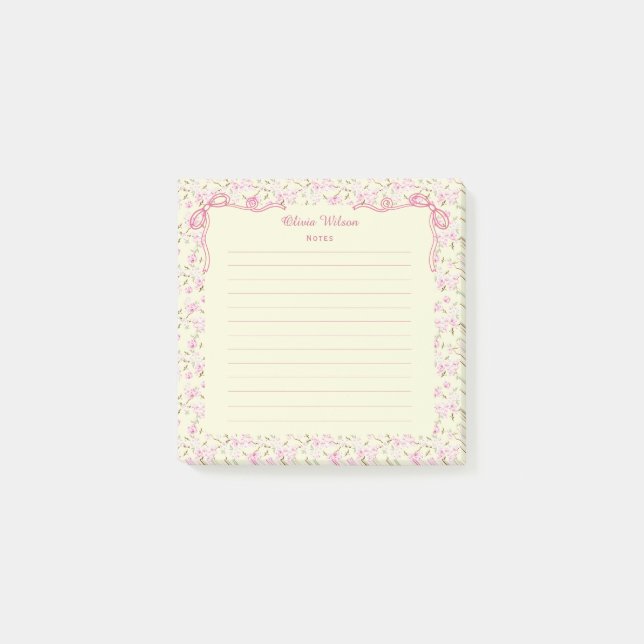 Gelber Rosa Blumen Coquette Bogen Benutzerdefinier Post-it Klebezettel (Vorderseite)