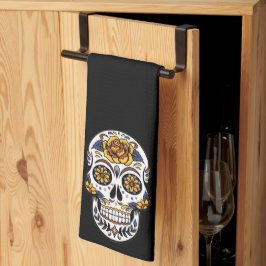 Gelber Rosenzucker-Schädel auf schwarz Geschirrtuch