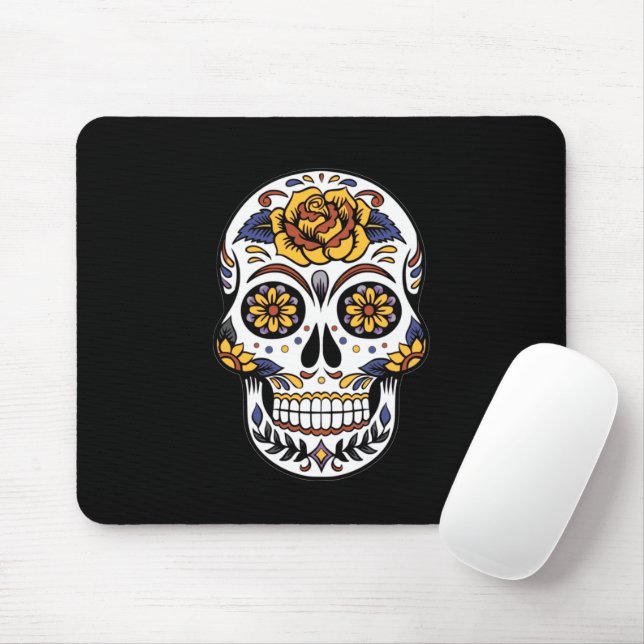Gelber Rosenzucker-Schädel auf schwarz Mousepad (Mit Mouse)