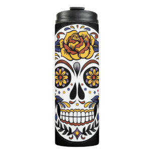 Gelber Rosenzucker-Schädel auf schwarz Thermosbecher