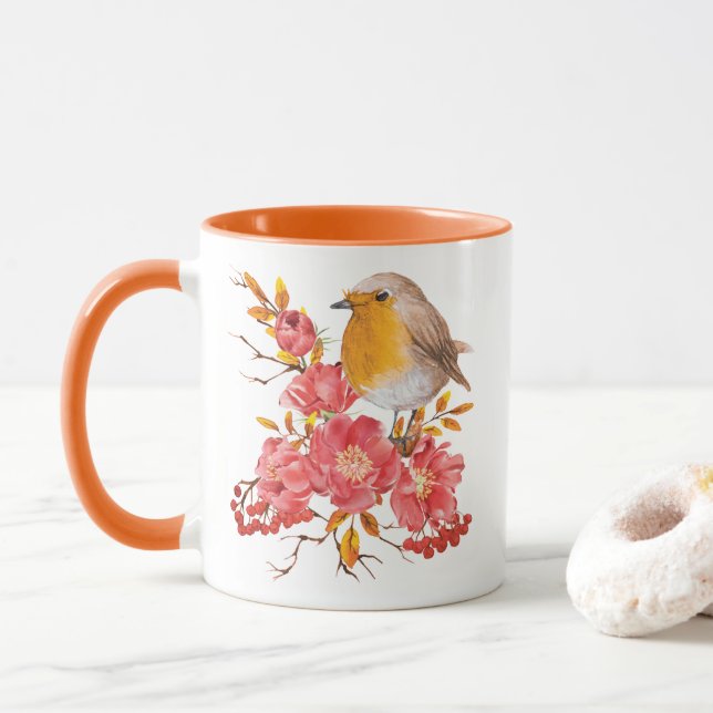 Gelber Rotkehlchen und rote Pfeffer Tasse (Mit Donut)