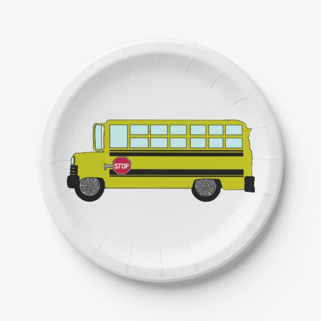 Gelber Schulbus mit Stoppschild Pappteller (Vorderseite)