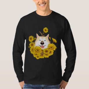 Gelber sibirischer Husky-Hund und Sonnenblumen T-Shirt