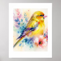 Gelber Singvogel-Blumen-Wasserfarbenposter