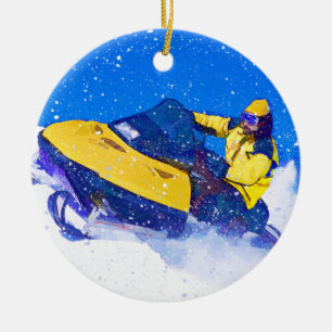 Gelber Snowmobile im Blizzard Keramikornament
