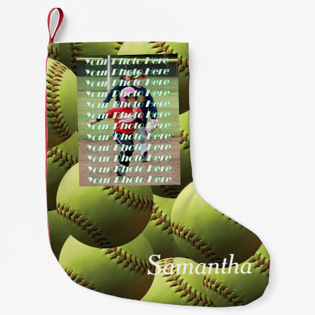 Gelber Softball mit Spieler-Foto Kleiner Weihnachtsstrumpf (Vorderseite)