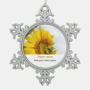Gelber Sonnenblumengarten Foto Text Name Reise Schneeflocken Zinn-Ornament