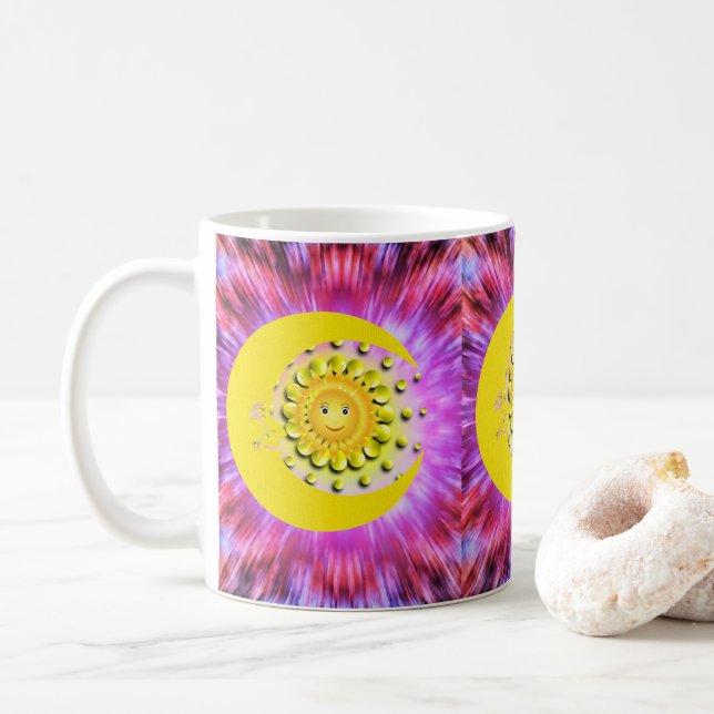 Gelber Sonnenmond, farbige Tasse (Mit Donut)