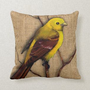 Gelber Tanager-Vogel auf Burlap, Branchen, Artwork Kissen
