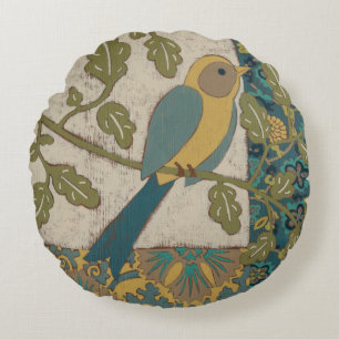 Gelber und Aquamariner Blauer Vogel auf einem Zwei Rundes Kissen