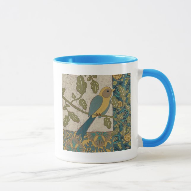 Gelber und Aquamariner Blauer Vogel auf einem Zwei Tasse (Rechts)