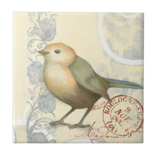 Gelber und grüner Spatz auf Vintagem Hintergrund Fliese