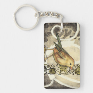 Gelber und grüner Vogel auf Vintagem Hintergrund Schlüsselanhänger