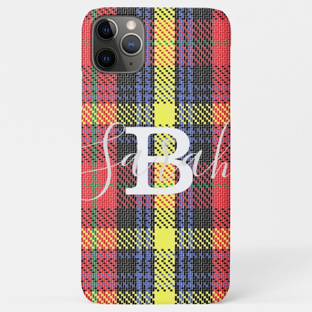 Gelber und roter Tartan Markierter Monogramm-Name Case-Mate iPhone Hülle (Rückseite)