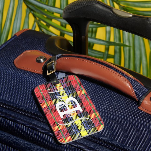 Gelber und roter Tartan Markierter Monogramm-Name Gepäckanhänger (Vorderseite Insitu 1)