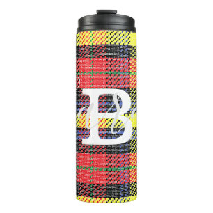 Gelber und roter Tartan Markierter Monogramm-Name Thermosbecher