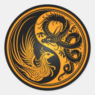 Gelber und schwarzer Drache Phoenix Yin Yang Runder Aufkleber