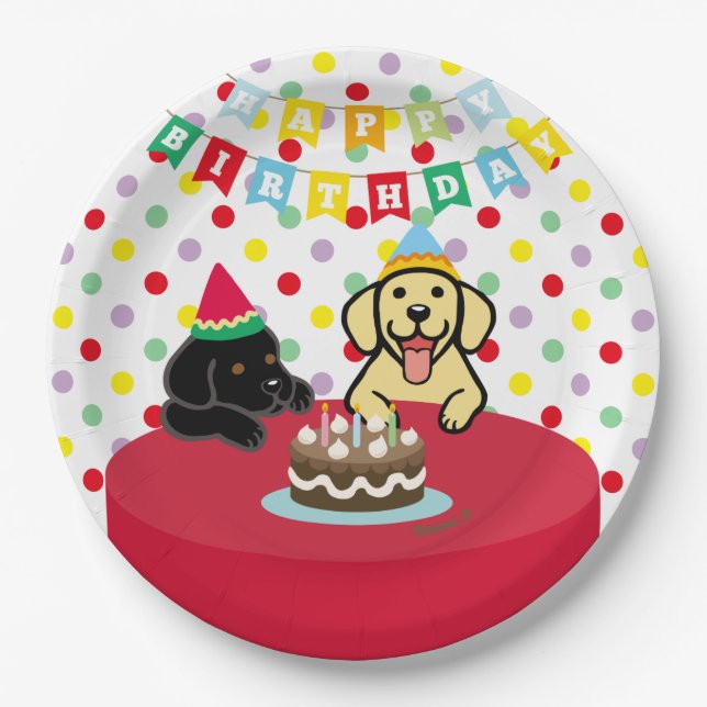 Gelber und schwarzer Labradors Geburtstag Pappteller (Vorderseite)