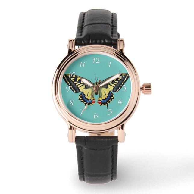 Gelber und schwarzer Schmetterling Armbanduhr (Vorderseite)
