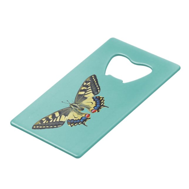 Gelber und schwarzer Schmetterling Geldbeutel Flaschenöffner (Rückseite Schrägansicht)