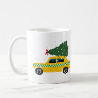 Gelber Vintage-Taxifahrer-Weihnachtsbaum-Zeichnung