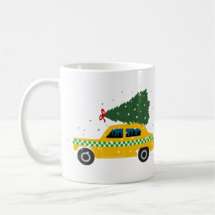 Gelber Vintage-Taxifahrer-Weihnachtsbaum-Zeichnung Kaffeetasse