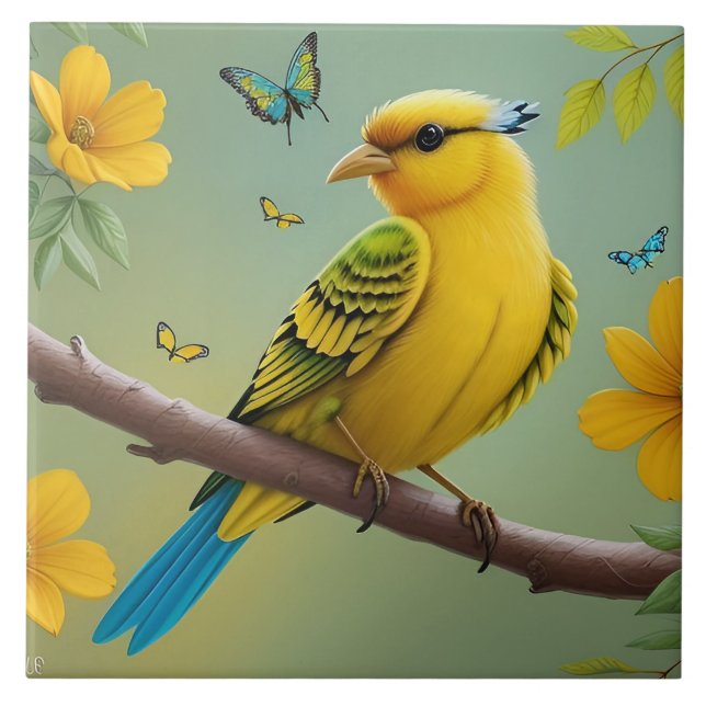 Gelber Vogel am Zweig Fliese (Vorderseite)