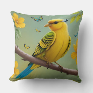 Gelber Vogel am Zweig Kissen