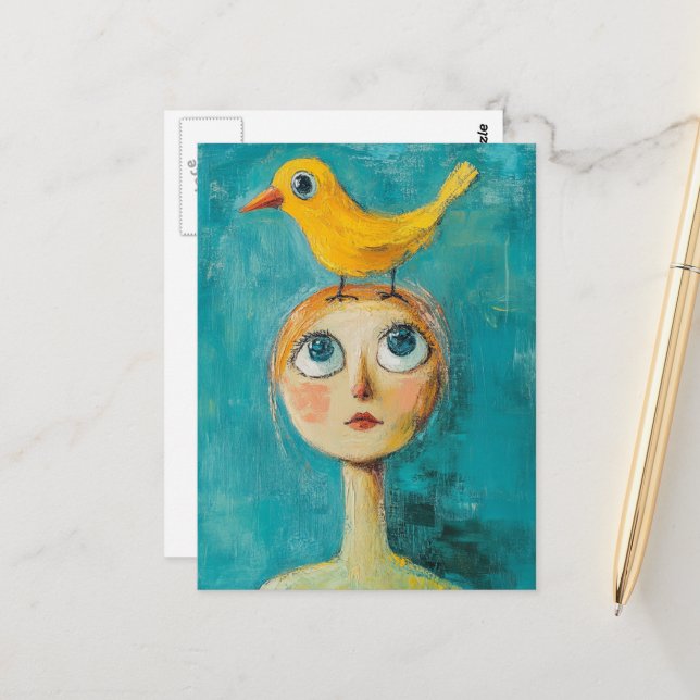 Gelber Vogel auf ihrem Kopf Postkarte (Vorderseite/Rückseite Beispiel)