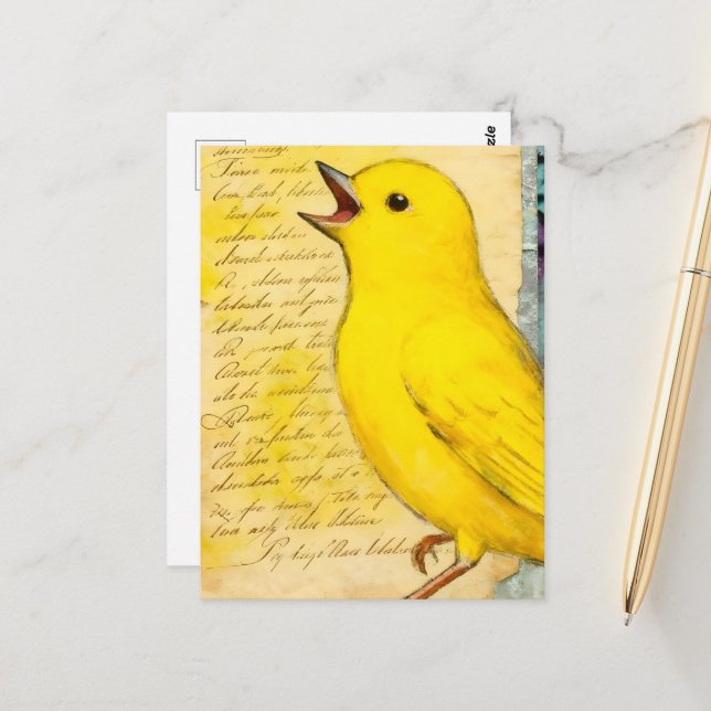 Gelber Vogel Mixed Media Postkarte (Vorderseite/Rückseite Beispiel)