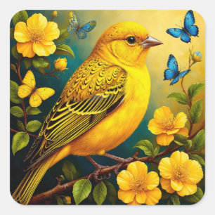 Gelber Vogel unter leuchtenden Blüten Quadratischer Aufkleber