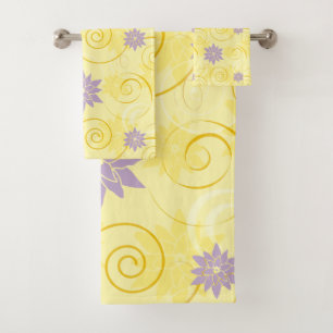 Gelber Wirbel mit lila Lotos-Blumen-Muster Badhandtuch Set