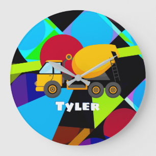 Gelber Zement-Lkw, geometrische Formen Kindername Große Wanduhr