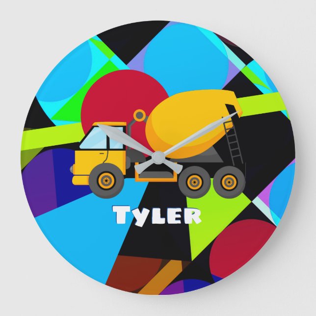 Gelber Zement-Lkw, geometrische Formen Kindername Große Wanduhr (Vorderseite)