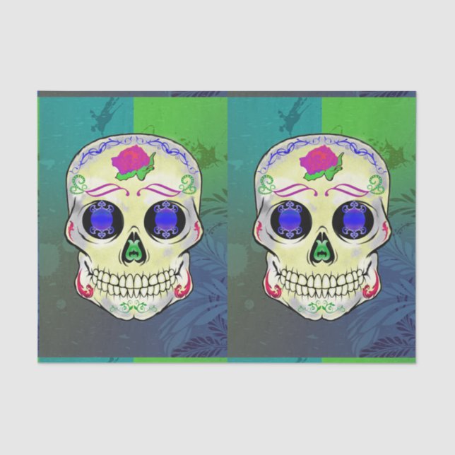 Gelber Zuckerschädel mit Lila Rose Seidenpapier (Vorderseite)