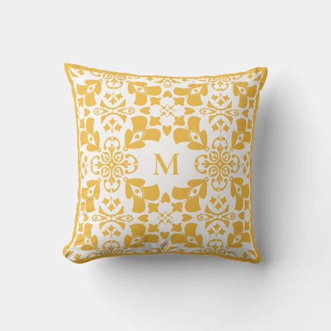 Gelbes Abstraktes Blumenmuster Modernes Monogramm Kissen (Vorderseite)