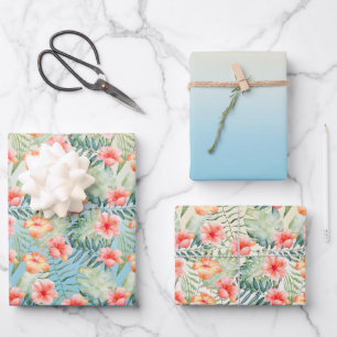 Gelbes Aqua Pink Peach Hibiskus Floral Geschenkpapier Set