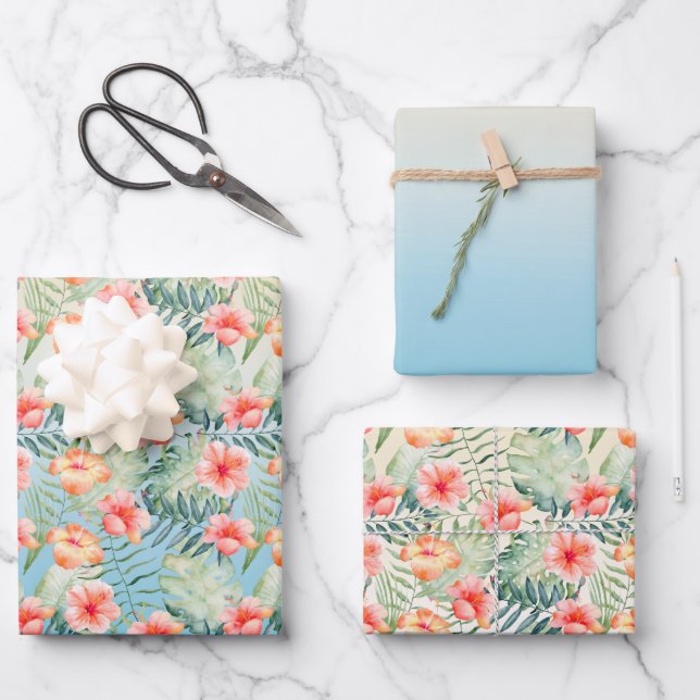 Gelbes Aqua Pink Peach Hibiskus Floral Geschenkpapier Set (Vorderseite)