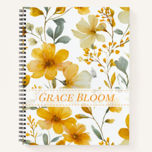 Gelbes Aquarell-Blumen-Botanik-Blumenmuster Notizbuch