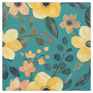 Gelbes Aquarell. Blüten Teal Botanisch  Stoff