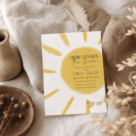 Gelbes Aquarell-Here Comes The Sun-Baby Shower  Einladung
