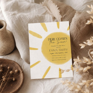 Gelbes Aquarell-Here Comes The Sun-Baby Shower Einladung