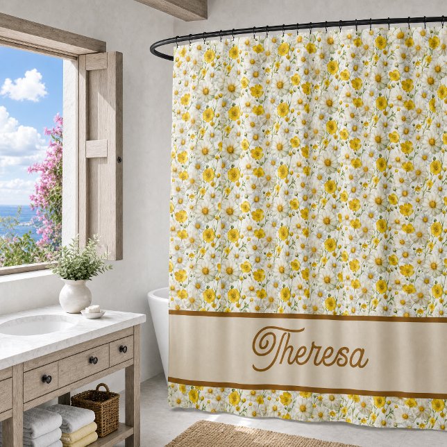 Gelbes Aquarell-Wildblumen-Monogramm-Name Duschvorhang (Von Creator hochgeladen)