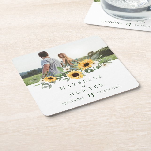 Gelbes Aquarellblumen Foto Rette unser Datum Rechteckiger Pappuntersetzer (angewinkelt)