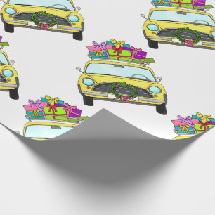 Gelbes Auto mit Weihnachtsgeschenken Geschenkpapier