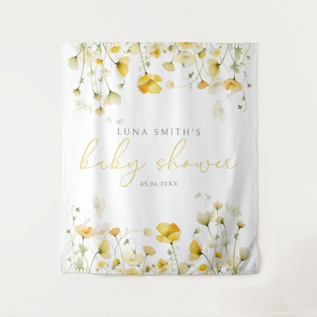 Gelbes Baby im blutfloralen Babydusche Hintergrund Wandteppich (Vorderseite)